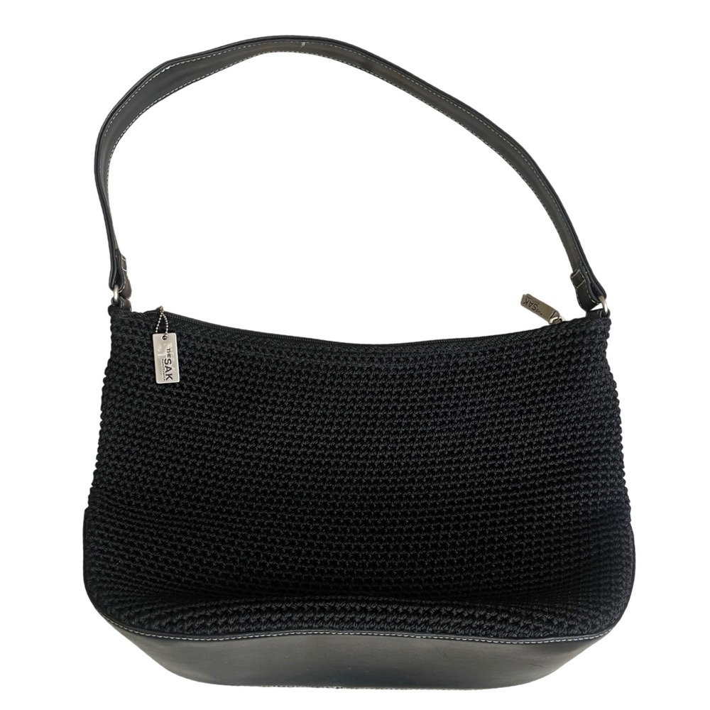 The Sak Elliott Lucca Black Crochet Knit Shoulder Bag Faux Leather Base Purse